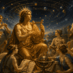 Apollo playing a lyre among the Muses beneath a celestial sky of stars and planetary spheres