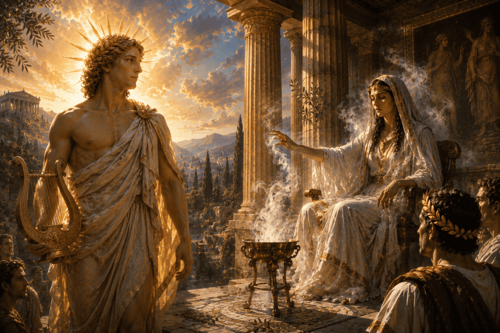 Apollo standing beside a Roman oracle priestess in a golden temple scene