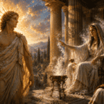 Apollo standing beside a Roman oracle priestess in a golden temple scene