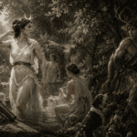 Diana and her nymphs discover Actaeon as he transforms into a stag in a forest glade