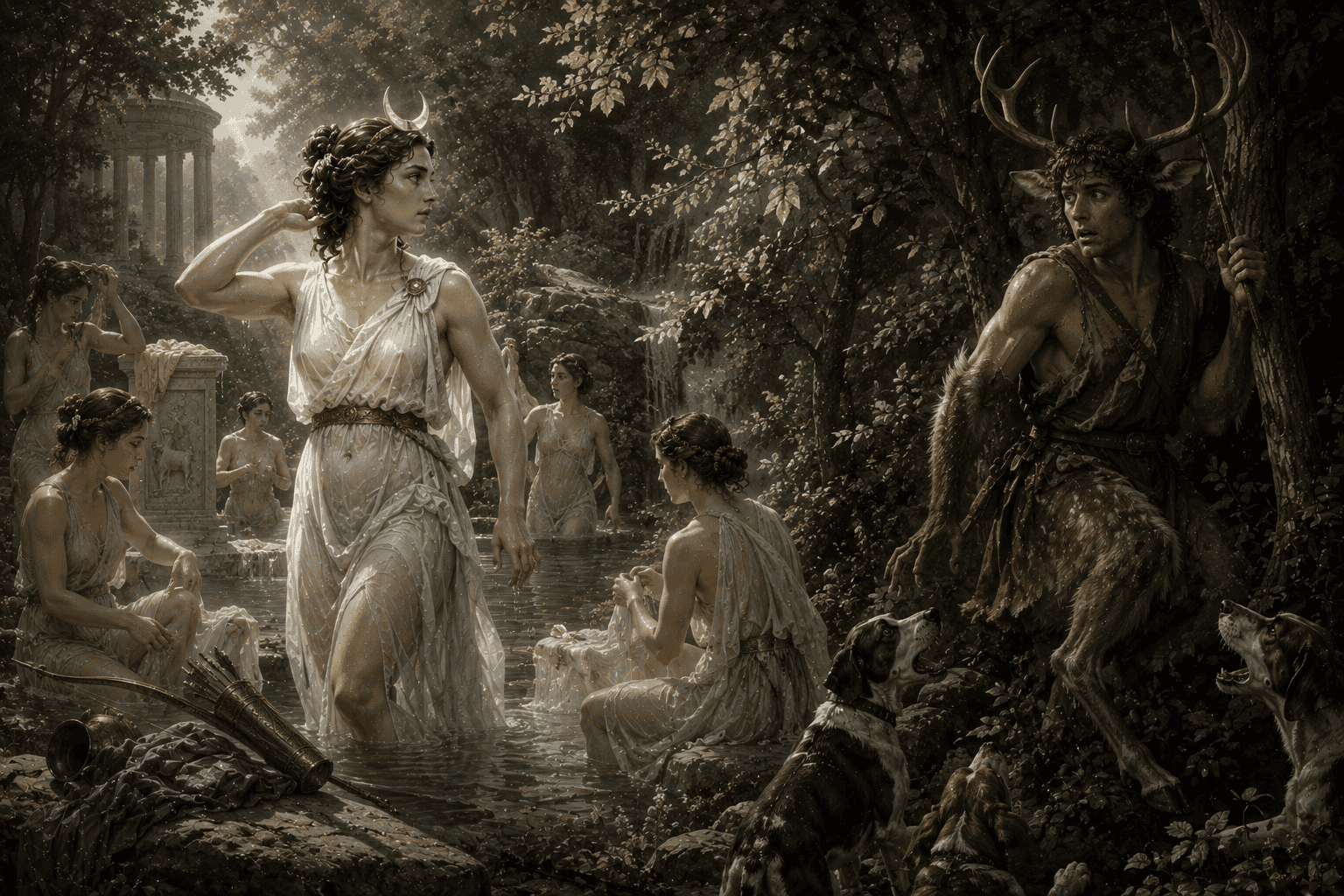 Diana and her nymphs discover Actaeon as he transforms into a stag in a forest glade