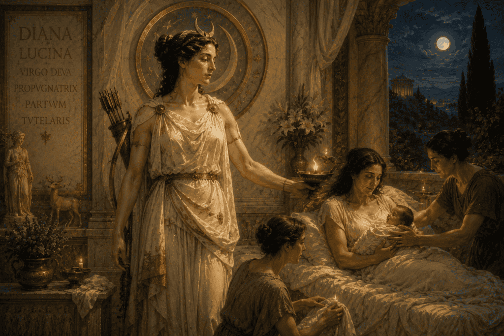 Diana Lucina standing in a Roman sanctuary beside a mother and newborn child