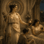Diana Lucina standing in a Roman sanctuary beside a mother and newborn child
