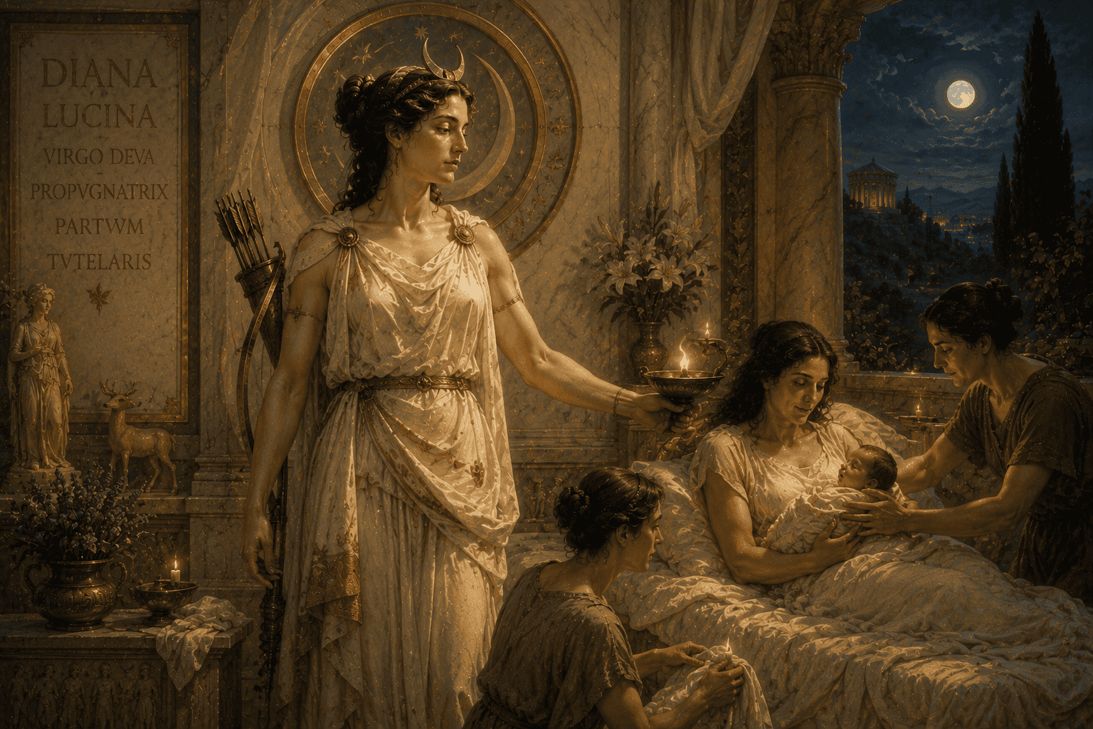 Diana Lucina standing in a Roman sanctuary beside a mother and newborn child