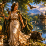 Diana Nemorensis standing beside Lake Nemi with sacred animals in a wooded sanctuary