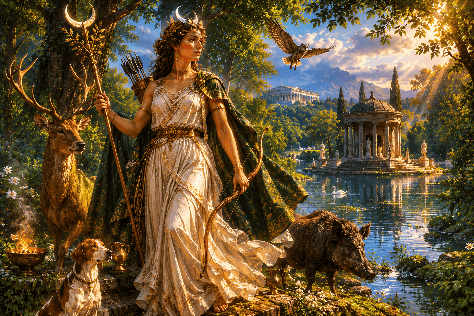 Diana Nemorensis standing beside Lake Nemi with sacred animals in a wooded sanctuary