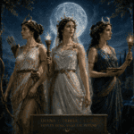 Diana, Trivia, and Luna standing beneath a full moon as a triple goddess figure