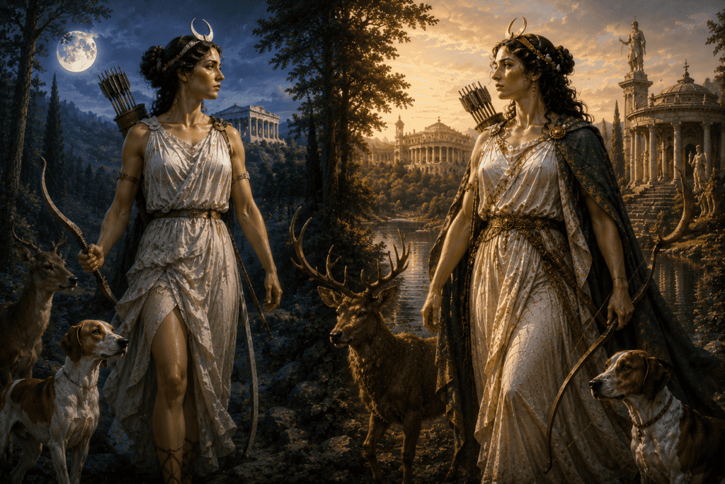 Diana and Artemis facing each other in a split Greek and Roman mythological landscape