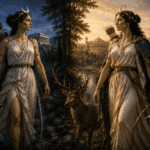 Diana and Artemis facing each other in a split Greek and Roman mythological landscape